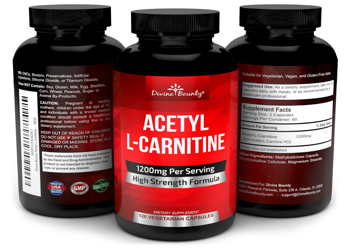 Divine Bounty Acetyl L-Carnitine Capsules 1200mg Per Serving - L-Carnitine Supplement 120 Vegetarian Capsules