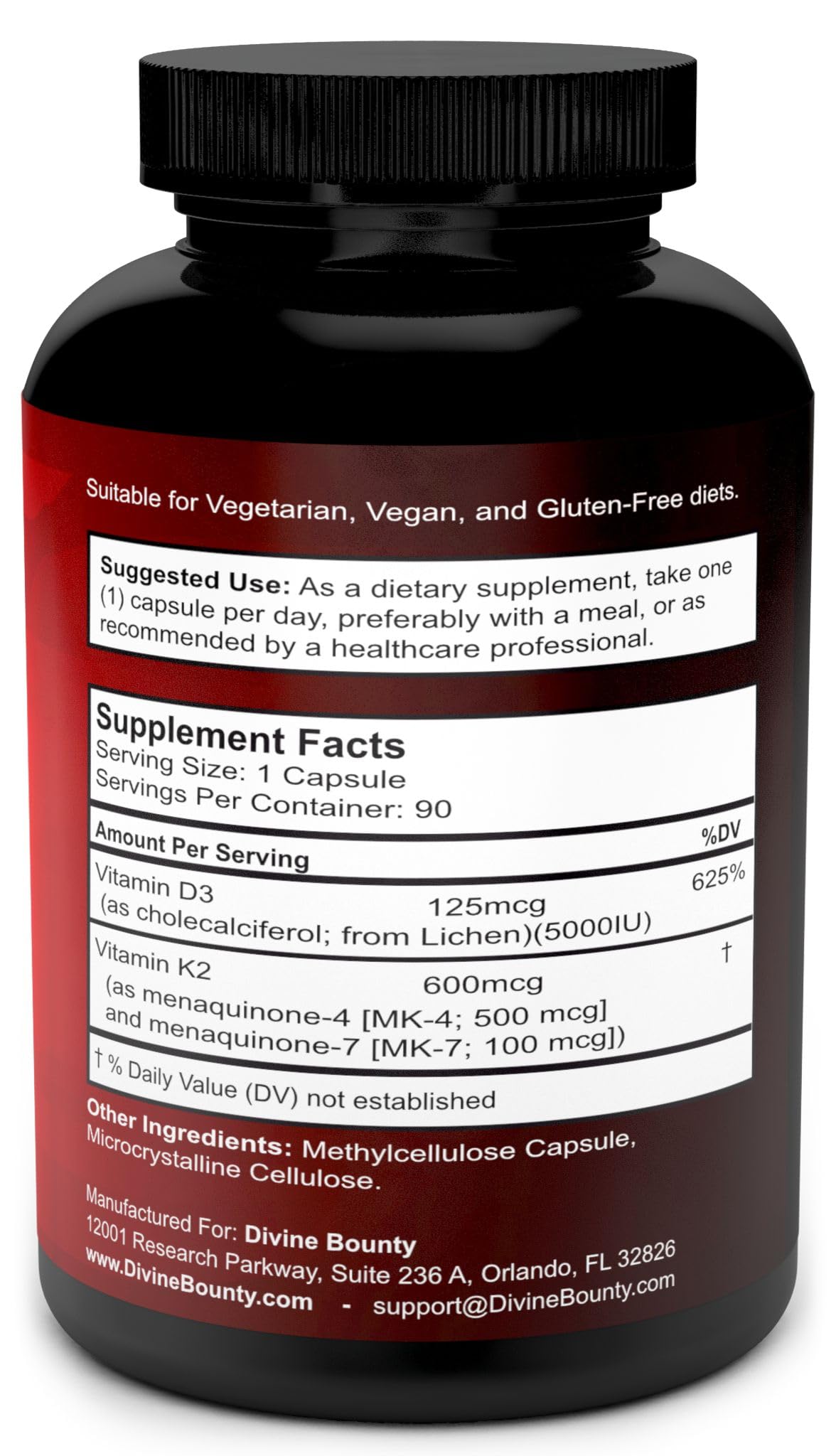 Divine Bounty Vitamin K2 + D3 (MK7 & MK4) – 90 Vegetarian Capsules