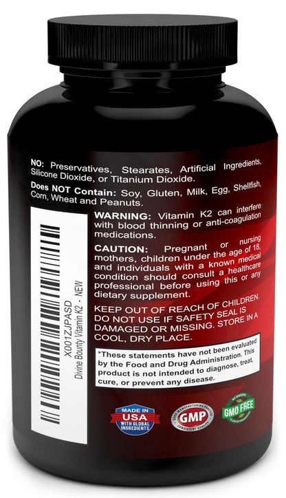 Divine Bounty Vitamin K2 + D3 (MK7 & MK4) – 90 Vegetarian Capsules