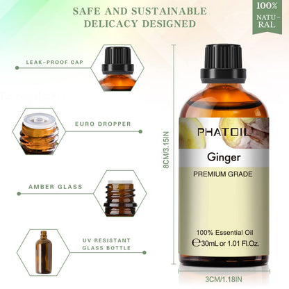 Ginger Essential Oil 30ML | PHATOIL Pure Essential Oil Singles for Aromatherapy, Diffusers, DIY Candles & Soaps