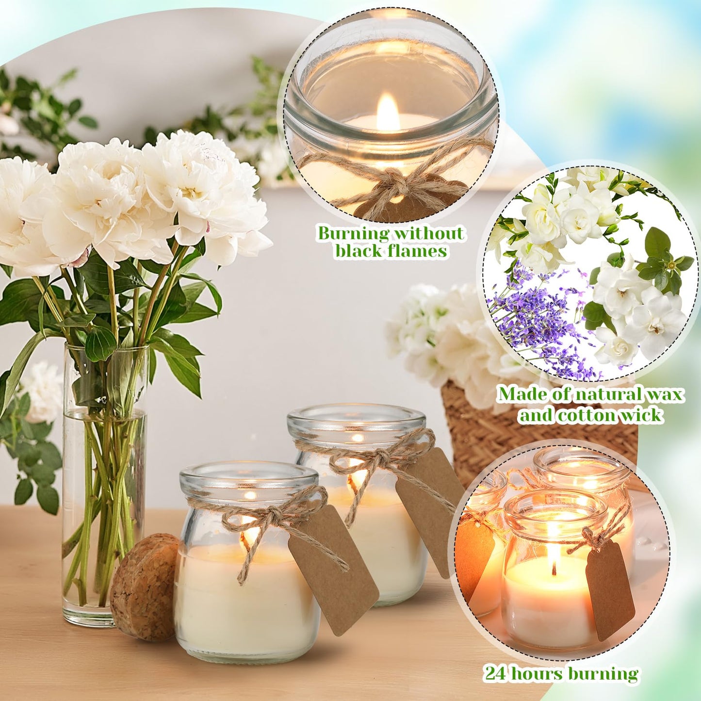 MTLEE 50 Pcs Wedding Jar Candles – Natural Soy Wax with DIY Tags (Freesia/Gardenia/Lavender)
