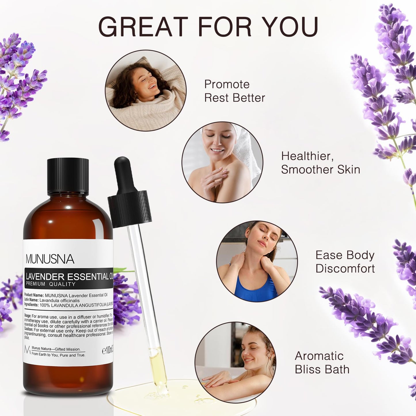 MUNUSNA Lavender Essential Oil, Pure & Natural Lavender Oil 100ML, Premium Grade Essential Oils for Hair, Body, Skin, Aromatherapy Diffuser, Meditation, Massage, Home, Candle, Soap, Bath Bombs Making