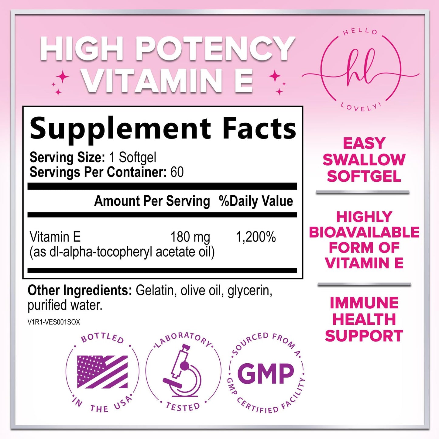 Vitamin E 400 IU (180 mg) – Hair & Skin Support, Immune Health – Non-GMO, Gluten Free | 60 Softgels