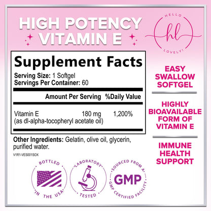 Vitamin E 400 IU (180 mg) – Hair & Skin Support, Immune Health – Non-GMO, Gluten Free | 60 Softgels