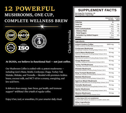 DLNIA Organic Mushroom Coffee with 12 Adaptogenic Mushrooms - Cordyceps, Lion's Mane & Turkey Tail