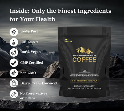 DLNIA Organic Mushroom Coffee with 12 Adaptogenic Mushrooms - Cordyceps, Lion's Mane & Turkey Tail