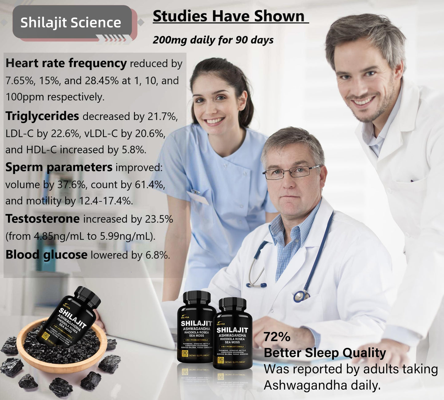 DLNIA Shilajit 9-in-1 Capsules – Organic Himalayan Complex (Ashwagandha, Sea Moss, Turmeric) – Vegan, Lab-Tested – 90 Capsules