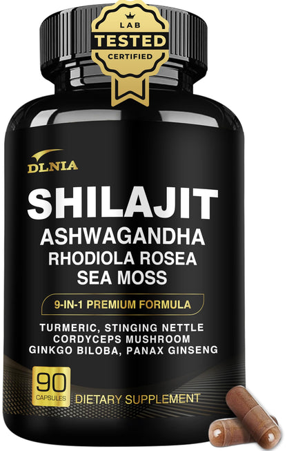 DLNIA Shilajit 9-in-1 Capsules – Organic Himalayan Complex (Ashwagandha, Sea Moss, Turmeric) – Vegan, Lab-Tested – 90 Capsules