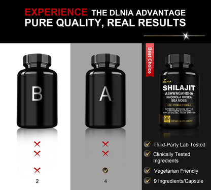 DLNIA Shilajit 9-in-1 Capsules – Organic Himalayan Complex (Ashwagandha, Sea Moss, Turmeric) – Vegan, Lab-Tested – 90 Capsules