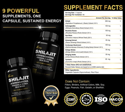 DLNIA Shilajit 9-in-1 Capsules – Organic Himalayan Complex (Ashwagandha, Sea Moss, Turmeric) – Vegan, Lab-Tested – 90 Capsules