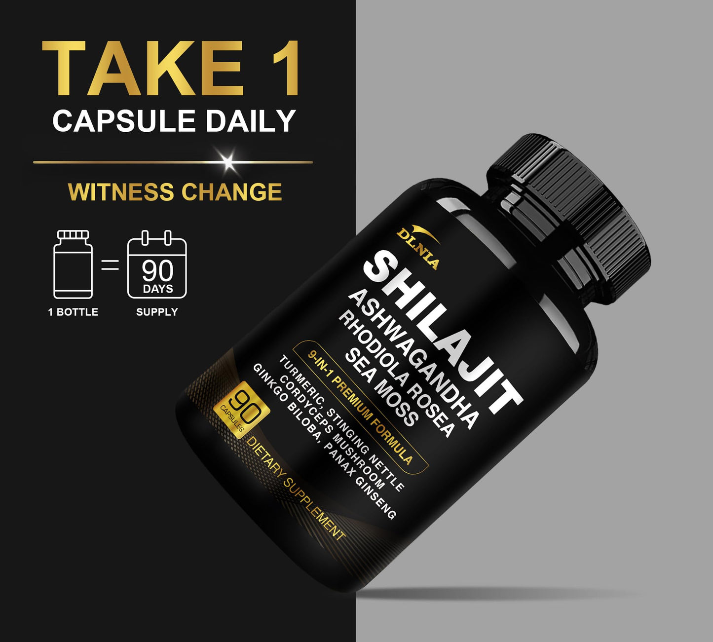 DLNIA Shilajit 9-in-1 Capsules – Organic Himalayan Complex (Ashwagandha, Sea Moss, Turmeric) – Vegan, Lab-Tested – 90 Capsules