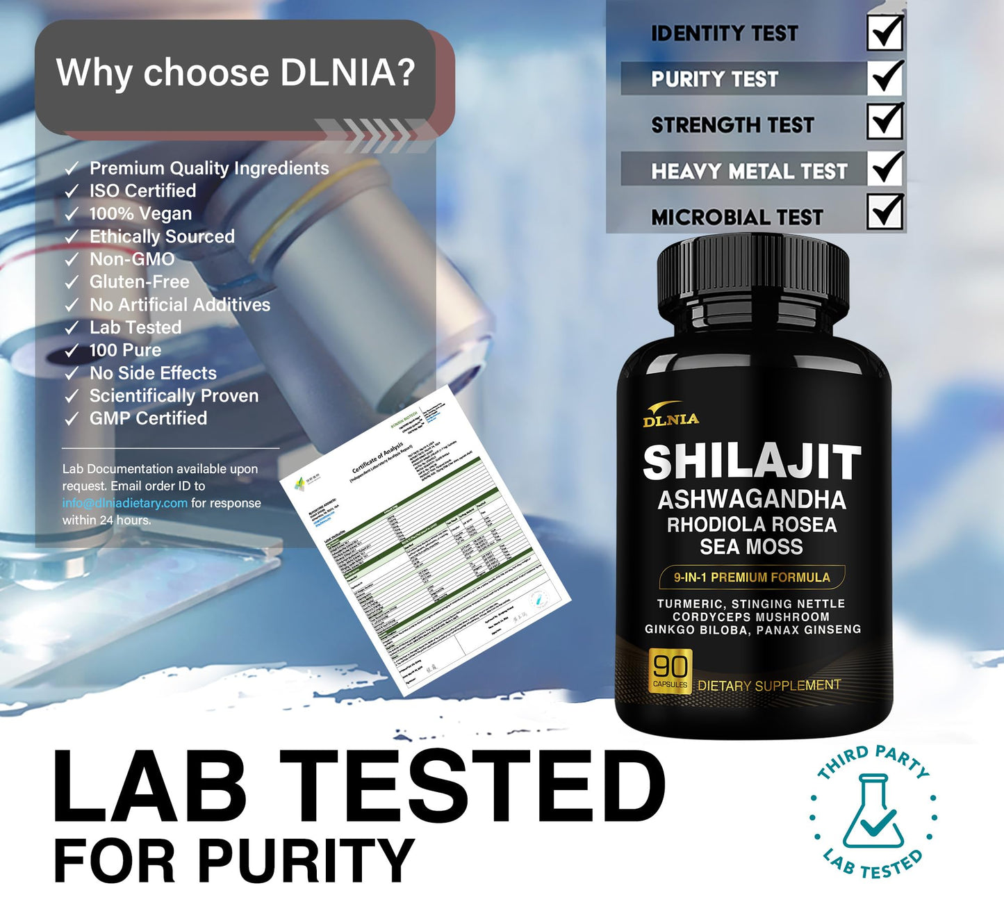 DLNIA Shilajit 9-in-1 Capsules – Organic Himalayan Complex (Ashwagandha, Sea Moss, Turmeric) – Vegan, Lab-Tested – 90 Capsules