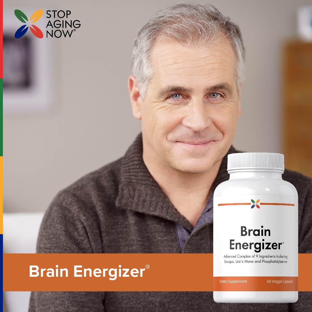 Stop Aging Now: Brain Energizer – 60 Veggie Caps | Advanced Complex with Lion's Mane, Bacopa & DMAE