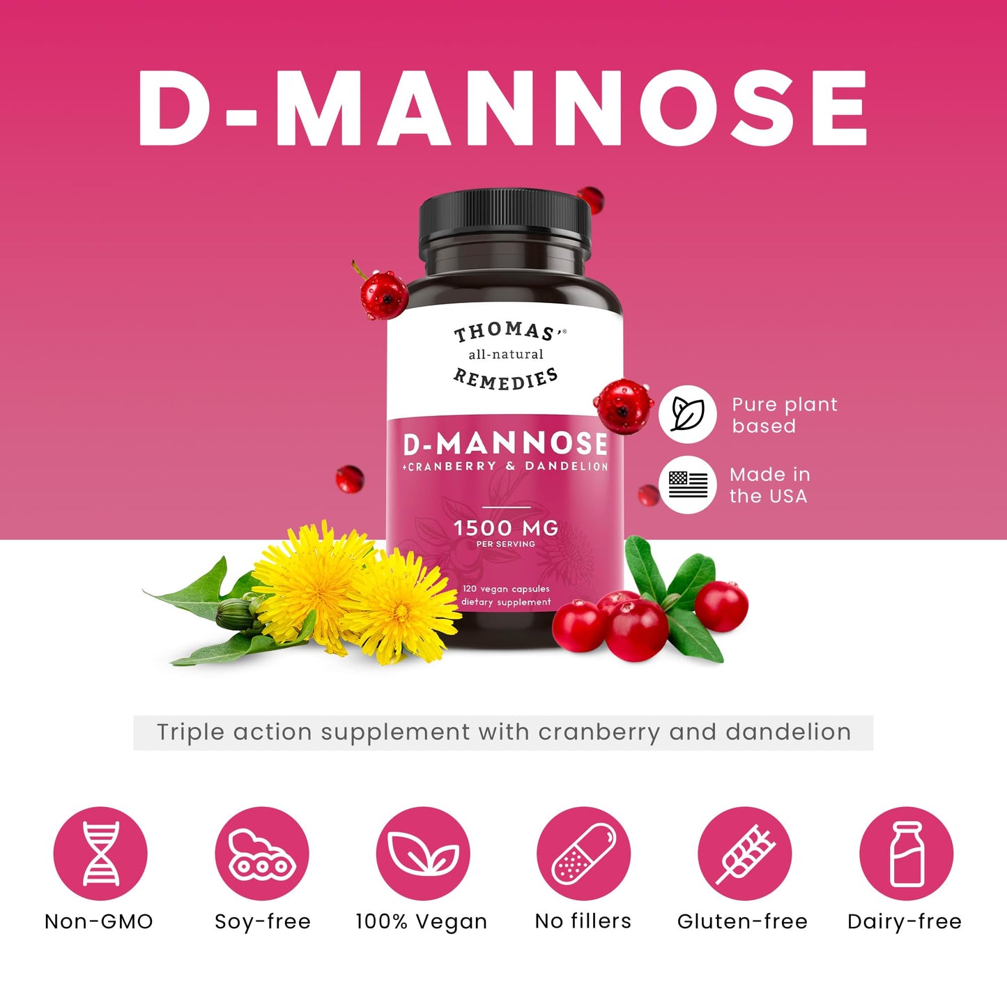 Thomas' All-Natural D-Mannose 1200mg with Cranberry & Dandelion | UTI Health Support | Vegan