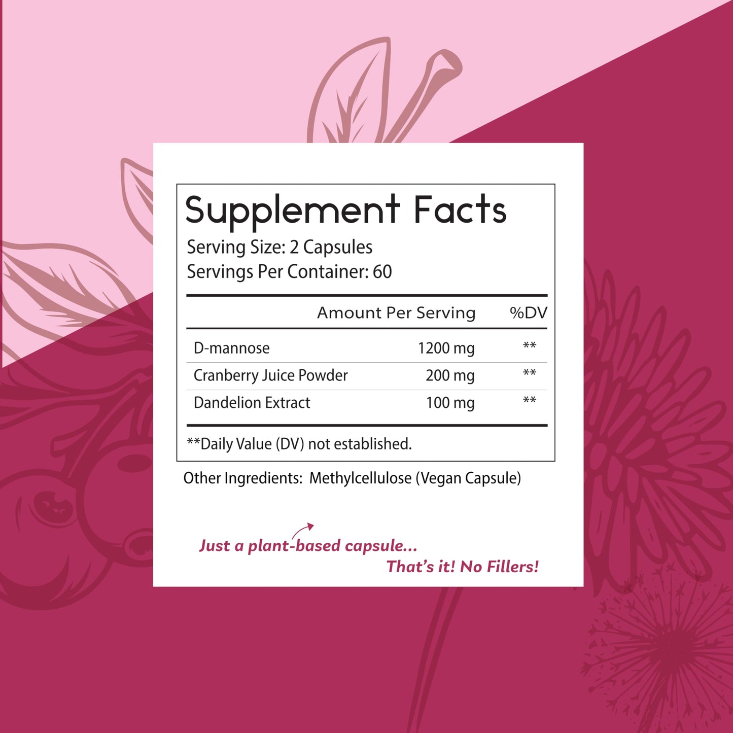 Thomas' All-Natural D-Mannose 1200mg with Cranberry & Dandelion | UTI Health Support | Vegan