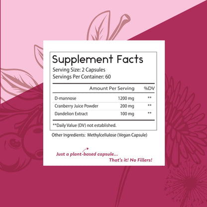 Thomas' All-Natural D-Mannose 1200mg with Cranberry & Dandelion | UTI Health Support | Vegan