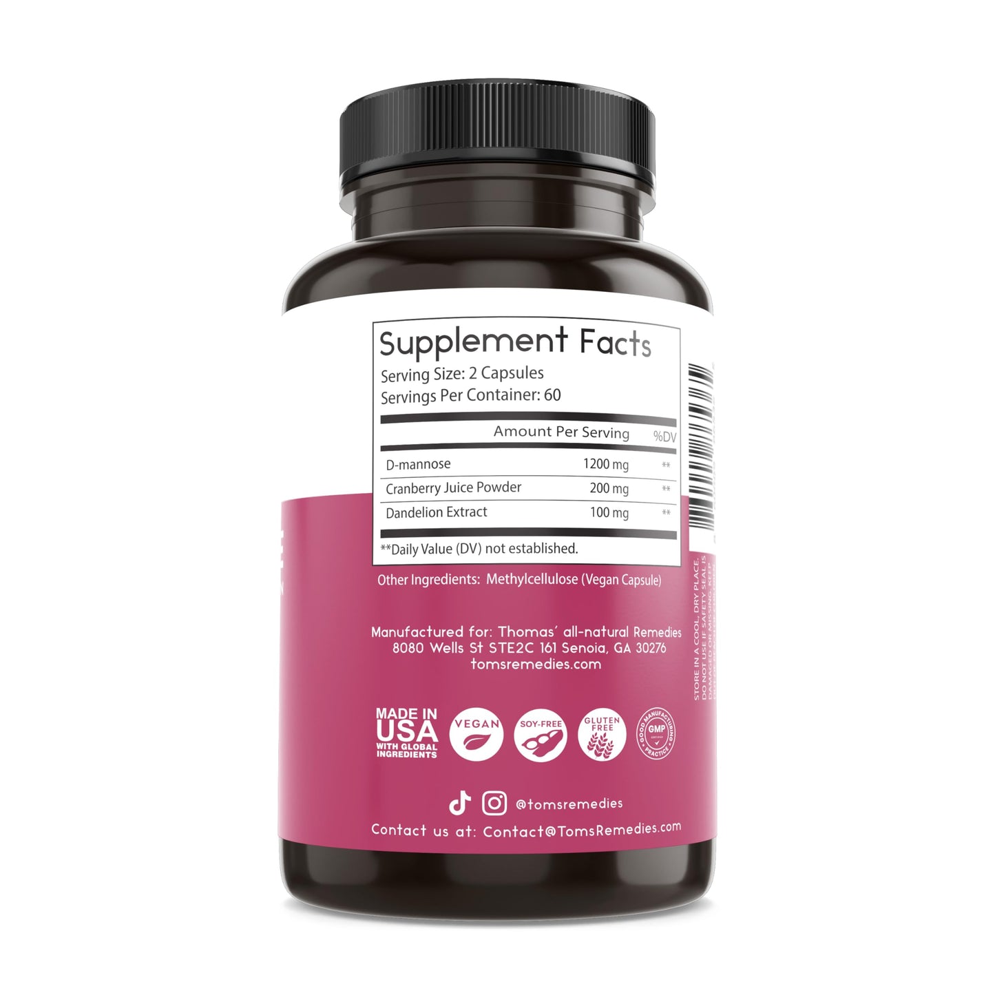 Thomas' All-Natural D-Mannose 1200mg with Cranberry & Dandelion | UTI Health Support | Vegan