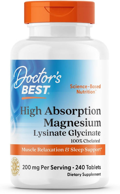 Doctor’s Best High Absorption Magnesium Glycinate Lysinate – 200 mg per Serving, 240 Tablets