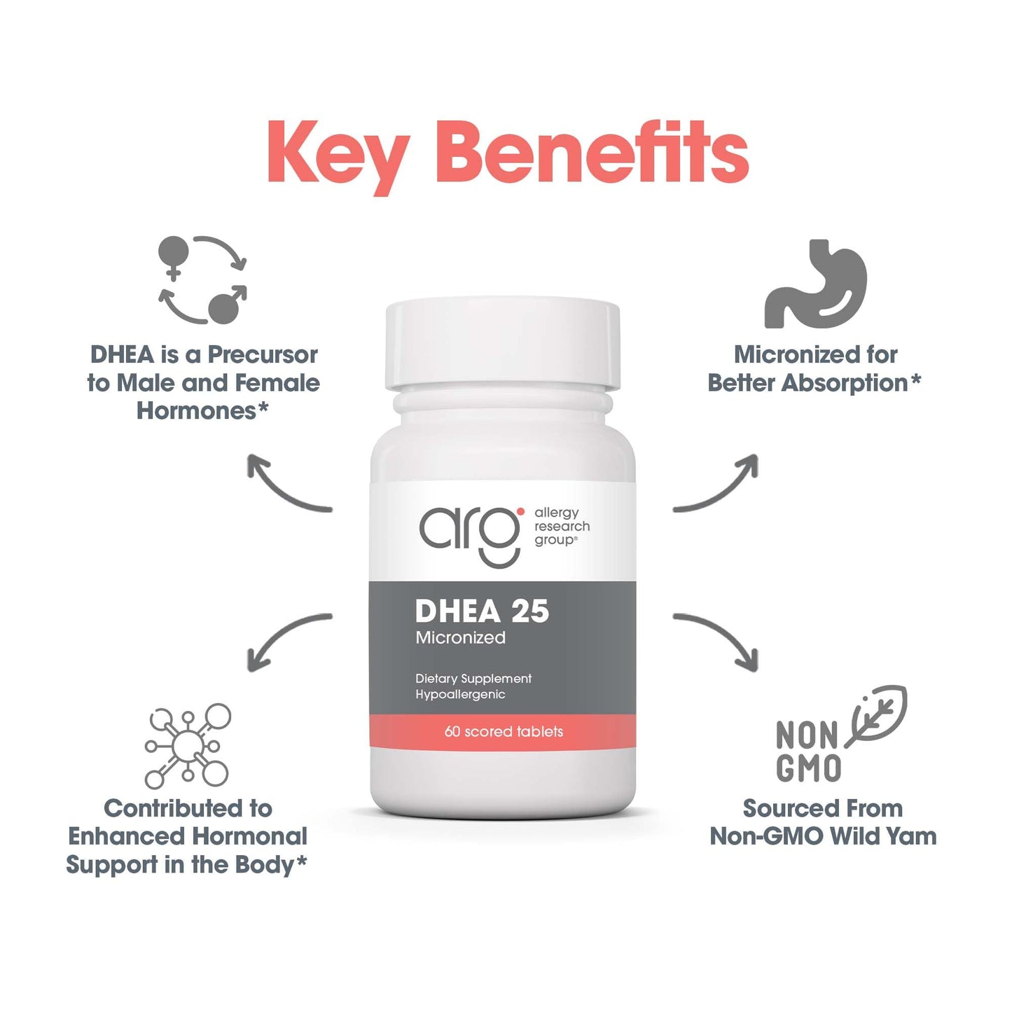 DHEA 25mg Supplement – Allergy Research Group | Hormone Support, Hypoallergenic, Soy-Free (60 Count)