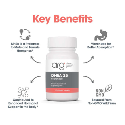 DHEA 25mg Supplement – Allergy Research Group | Hormone Support, Hypoallergenic, Soy-Free (60 Count)