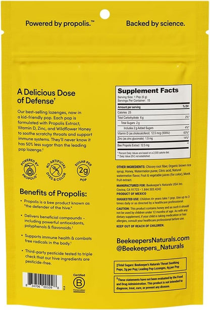 Kids Throat-Soothing Watermelon Lollipops by Beekeeper's Naturals – Doctor Formulated, 15 ct