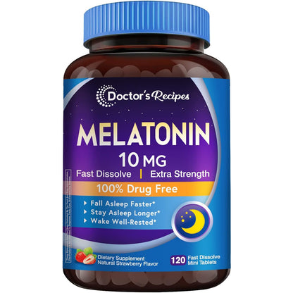Doctor’s Recipes Melatonin 10 mg Fast Dissolve – 120 Tablets | Sleep Support, Non-GMO, Strawberry Flavor