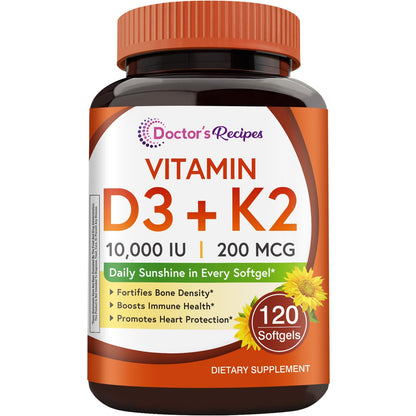 Vitamin D3 + K2 10,000 IU MK-7 – Doctor's Recipes, 120 Softgels
