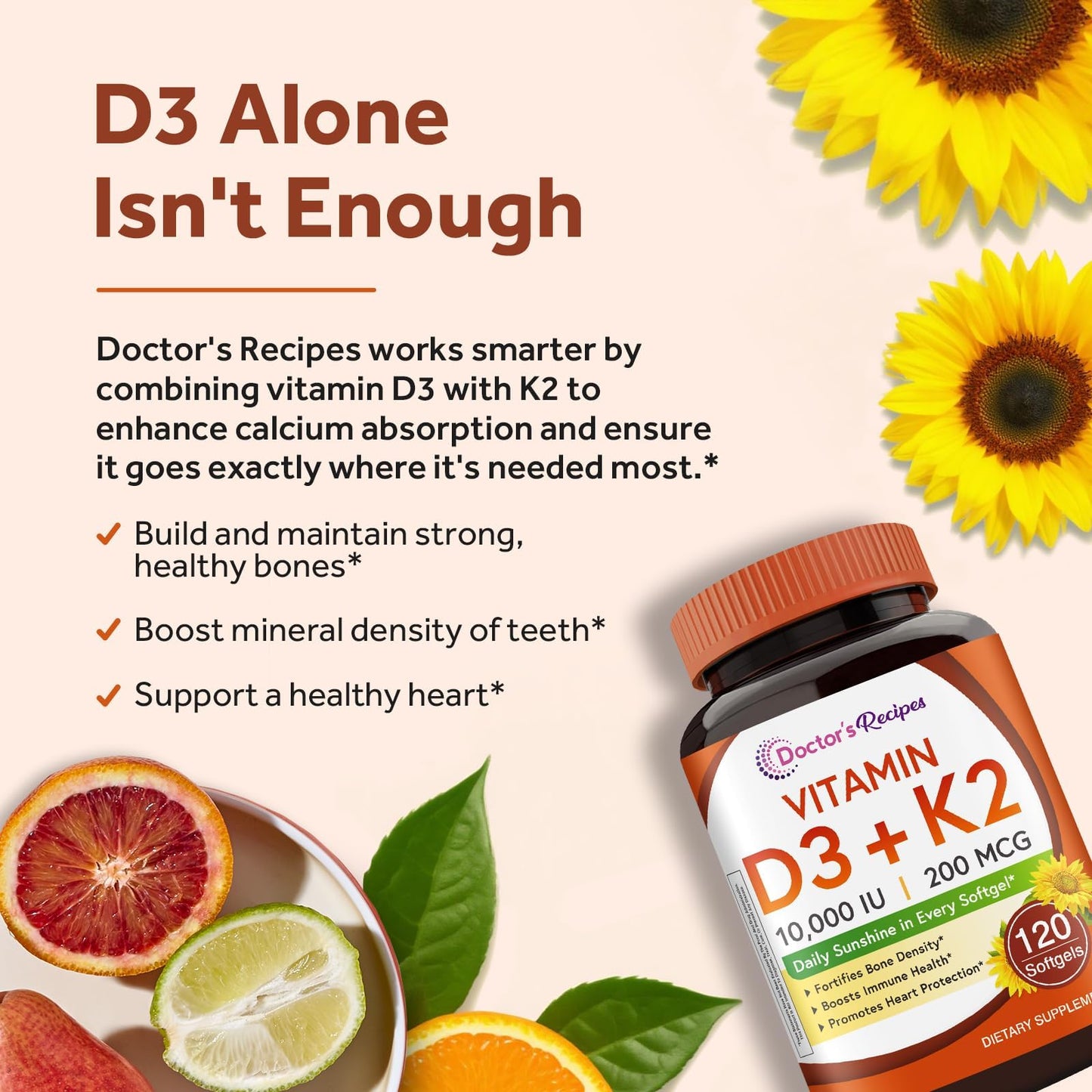 Vitamin D3 + K2 10,000 IU MK-7 – Doctor's Recipes, 120 Softgels