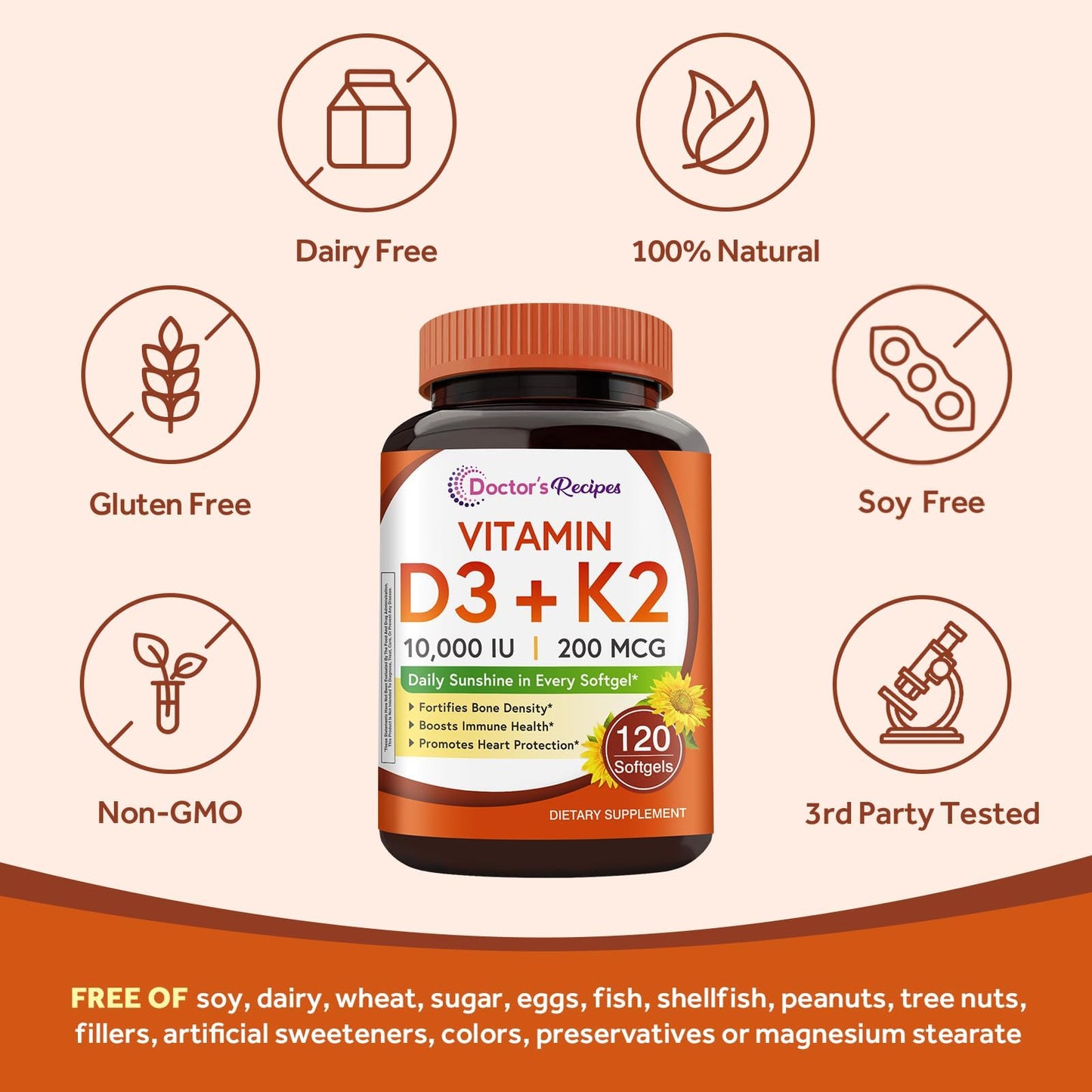 Vitamin D3 + K2 10,000 IU MK-7 – Doctor's Recipes, 120 Softgels