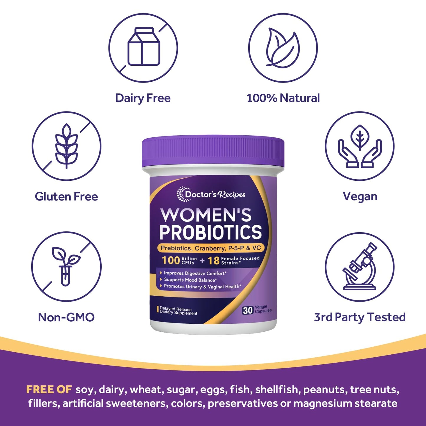 Doctor's Recipes Probiotics for Women – 100 Billion CFU, 18 Strains, Shelf-Stable