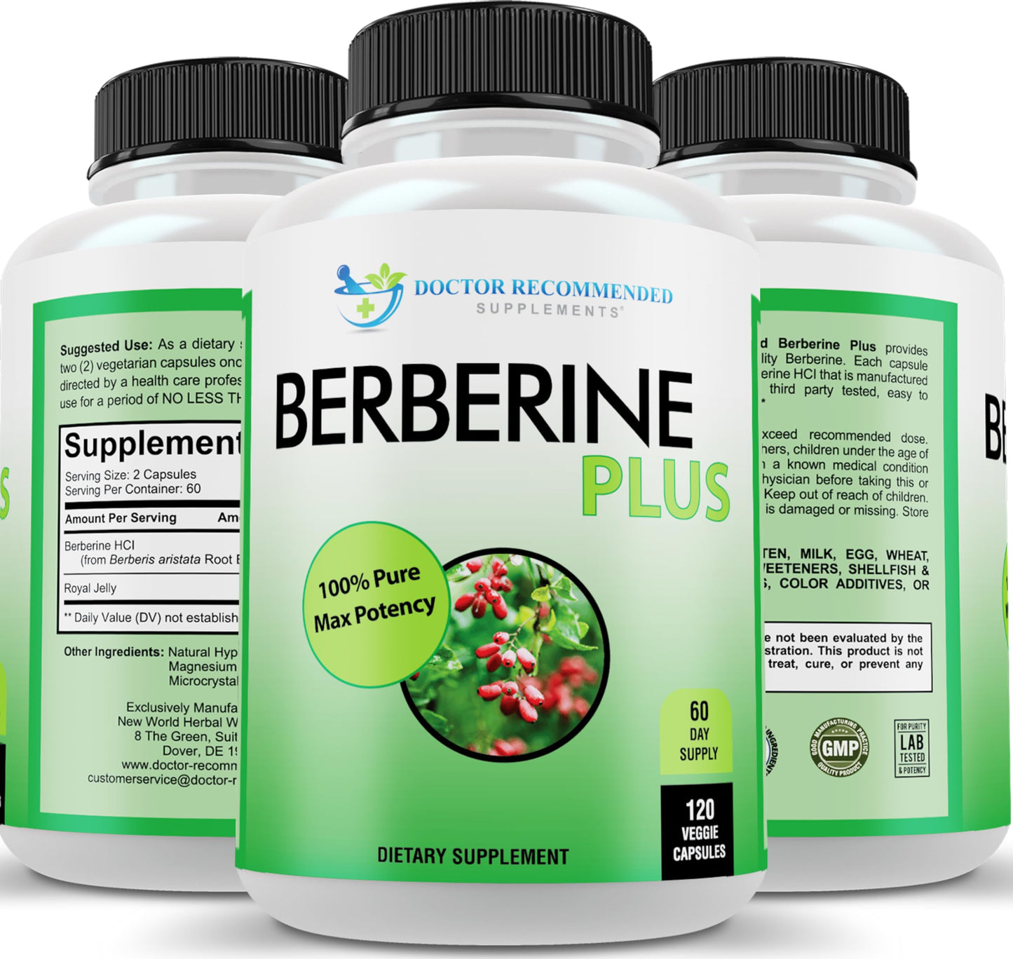 Doctor Recommended Berberine Plus 1200mg Per Serving – 120 Veggie Capsules with Royal Jelly