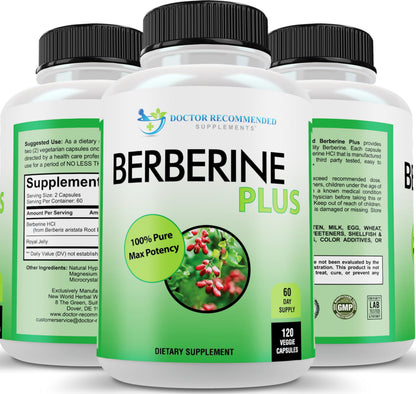 Doctor Recommended Berberine Plus 1200mg Per Serving – 120 Veggie Capsules with Royal Jelly