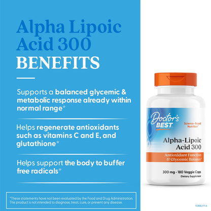 Doctor's Best Alpha-Lipoic Acid 300 mg – Antioxidant Support, Non-GMO, Gluten Free, Vegan (180 Veggie Caps)
