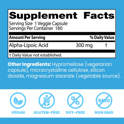Doctor's Best Alpha-Lipoic Acid 300 mg – Antioxidant Support, Non-GMO, Gluten Free, Vegan (180 Veggie Caps)
