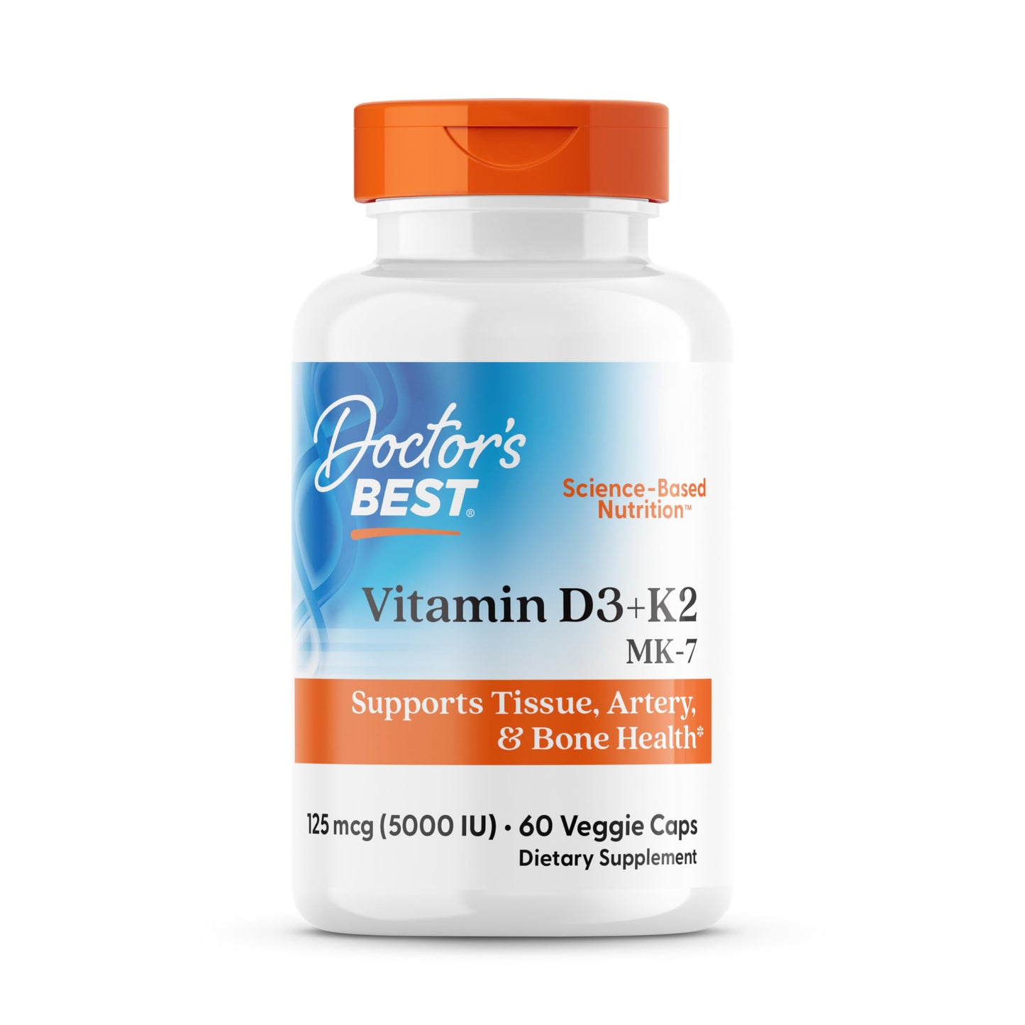Doctor's Best Vitamin D3 + K2 MK-7 – Supports Bone, Tissue & Arterial Health, 5000 IU, 60 Veggie Caps
