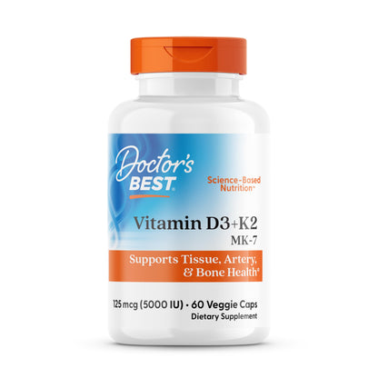 Doctor's Best Vitamin D3 + K2 MK-7 – Supports Bone, Tissue & Arterial Health, 5000 IU, 60 Veggie Caps
