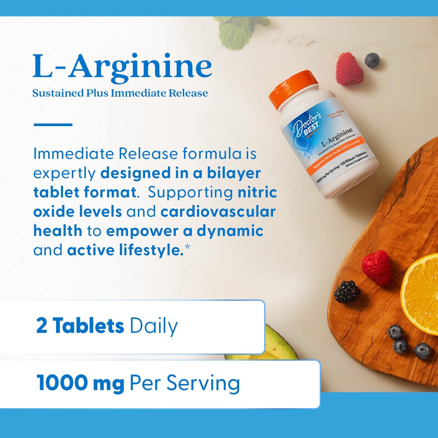 Doctor's Best Sustained + Immediate Release L-Arginine 1000 mg per Serving - 120 Tablets, Non-GMO, Vegan, Gluten & Soy Free