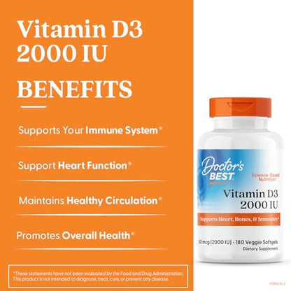 Doctor's Best Vitamin D3 2000 IU – Supports Heart, Bones & Immunity | 180 Veggie Softgels