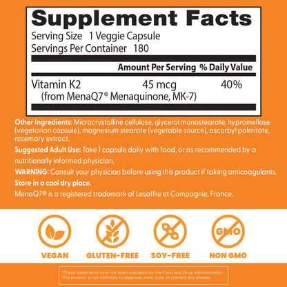 Doctor's Best Natural Vitamin K2 MK-7 Capsule (180 Ct) – Bone Health & Soft Tissue Elasticity
