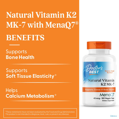Doctor's Best Natural Vitamin K2 MK-7 Capsule (180 Ct) – Bone Health & Soft Tissue Elasticity