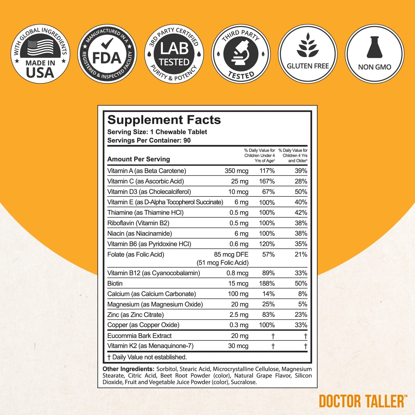 Doctor Taller Kids - Multivitamins for Ages 2-9 (Grape) | Calcium, Immunity Support, 90 Chewables