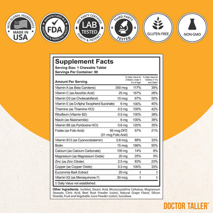 Doctor Taller Kids - Multivitamins for Ages 2-9 (Grape) | Calcium, Immunity Support, 90 Chewables