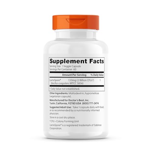 Doctor's Best Digestive Health Probiotic 2 Billion – Lactospore, Non-GMO, Vegan, Gluten Free
