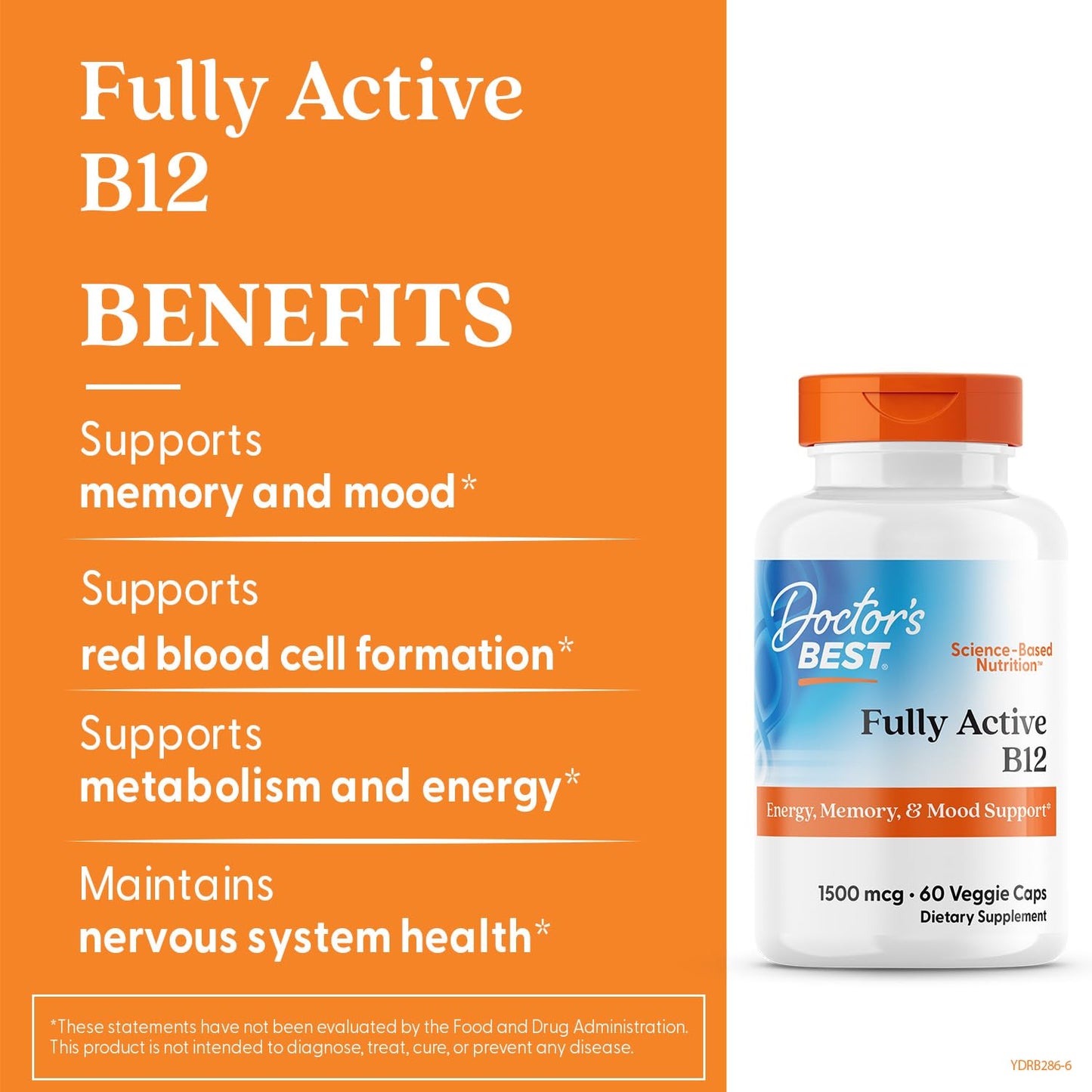 Doctor's Best Fully Active B12 1500 mcg | Methylcobalamin, Non-GMO, Vegan