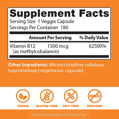 Doctor’s Best Fully Active Methyl B12 (Methylcobalamin) – Energy, Memory & Mood Support | Vegan 180 Veggie Caps