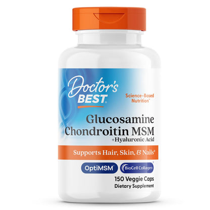 Doctor's Best Glucosamine Chondroitin MSM + Hyaluronic Acid with OptiMSM Featuring Biocell Collagen, 150 Caps | Joint Health & Beauty Support