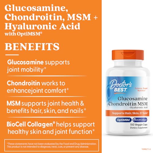 Doctor's Best Glucosamine Chondroitin MSM + Hyaluronic Acid with OptiMSM Featuring Biocell Collagen, 150 Caps | Joint Health & Beauty Support