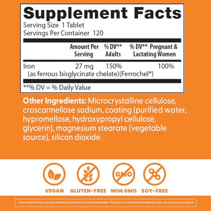 Doctor's Best High Absorption Iron (Ferrochel) 27 mg – Gentle on Stomach | Immune & Blood Health