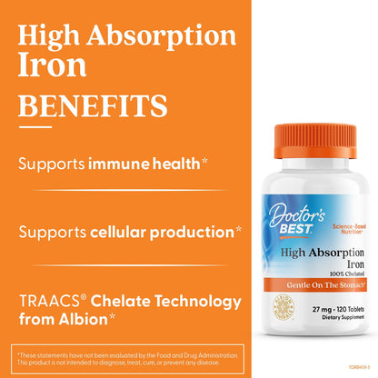 Doctor's Best High Absorption Iron (Ferrochel) 27 mg – Gentle on Stomach | Immune & Blood Health