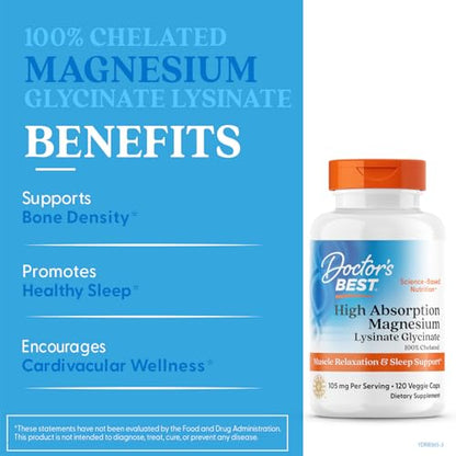 Doctor's Best High Absorption Magnesium – Lysinate Glycinate Capsule, 120 Ct